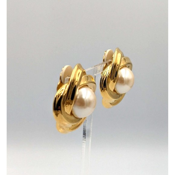 Vintage Givenchy Gold Tone Faux Pearl Statement Clip On Earrings 80's Marked - Picture 3 of 15